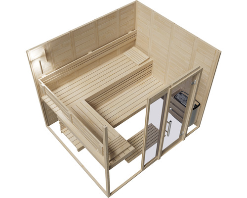 Innenansicht einer Holzsauna mit Bänken und Glasfront