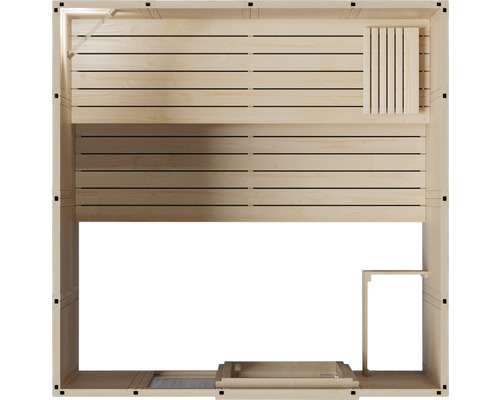 Draufsicht einer Sauna aus Holz mit Bänken und Ofen