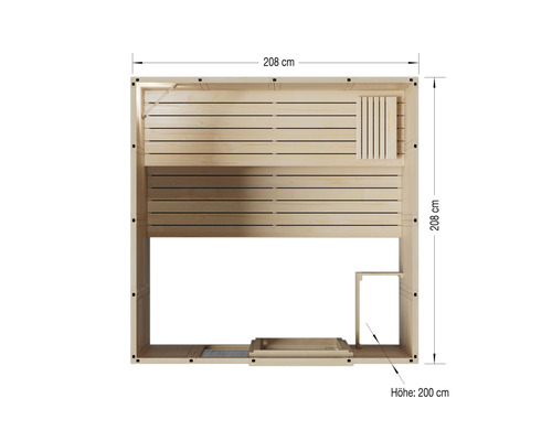 Draufsicht einer Sauna mit den Maßen 208 mal 208 mal 200 Zentimeter.
