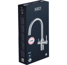 Verpackung einer Küchenarmatur der Marke KEO mit BWT Wasserfilter