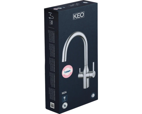 Verpackung einer Küchenarmatur der Marke KEO mit BWT Wasserfilter