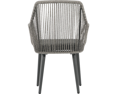 Gartenstuhl mit Seilbespannung und Metallbeinen, Rückansicht.