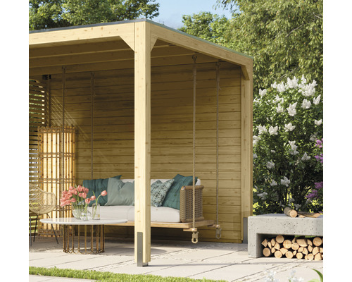 Seitenwand Karibu für Pavillon Cubusso 295 x 235 cm natur Holzpavillon mit Schaukel, Sitzgelegenheiten und Tisch für den Außenbereich
