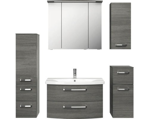 Badmöbel-Set Pelipal Serie 4010 BxHxT 144 x 200 x 45 cm Frontfarbe graphit struktur quer Badmöbelset 5-teilig und mehr mit Waschtisch Spiegelschrank mit LED-Beleuchtung Unterschrank Wandschrank Badmöbel-Set mit Spiegelschrank, Waschbeckenunterschrank und Hochschränken