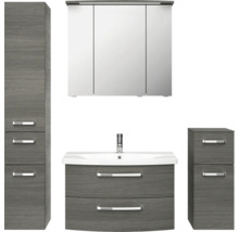 Badezimmermöbelset mit Spiegelschrank, Waschbeckenunterschrank, Hochschrank und Seitenschrank
