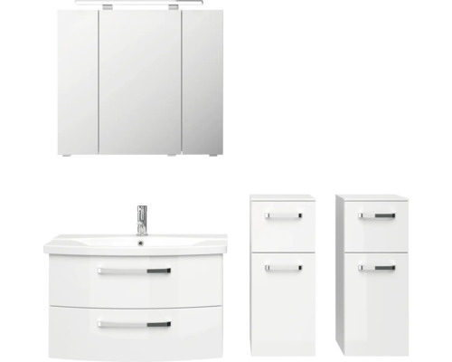 Badmöbel-Set Pelipal Serie 4010 BxHxT 144 x 200 x 45 cm Frontfarbe weiß hochglanz Badmöbelset 5-teilig und mehr mit Waschtisch Spiegelschrank mit LED-Beleuchtung Unterschrank und Nebenschrank Badezimmermöbelset mit Spiegelschrank, Waschtischunterschrank und zwei Hochschränken