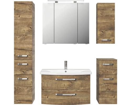 Badmöbel-Set Pelipal Serie 4010 BxHxT 144 x 200 x 45 cm Frontfarbe eiche ribbeck Badmöbelset 5-teilig und mehr mit Waschtisch Spiegelschrank mit LED-Beleuchtung Hochschrank Unterschrank Wandschrank Badezimmermöbelset mit Waschbeckenunterschrank, Spiegelschrank, Hochschrank und Hängeschrank