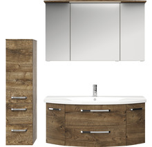 Badezimmerset mit Waschtischunterschrank, Spiegelschrank und Hochschrank im Holzdesign
