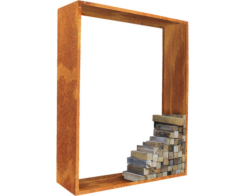 Dekorativer Rahmen aus Stahl mit Holzstapel