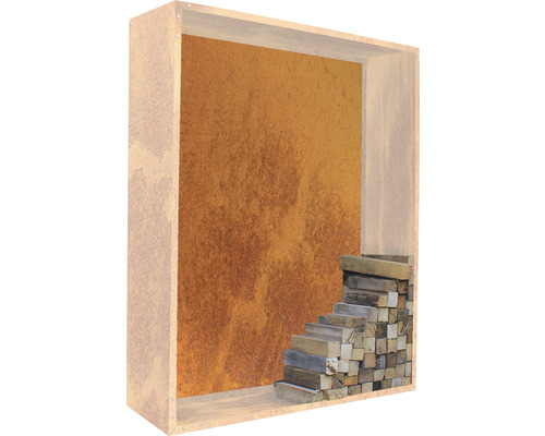 Dekoratives Element mit Holzstufen vor einer gemusterten Wand