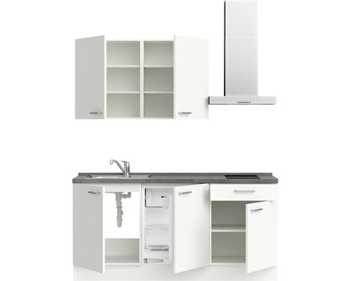 Küchenzeile mit Spüle, Kühlschrank, Hängeschränken und Dunstabzugshaube