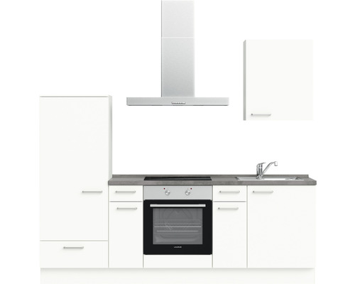 Küchenzeile mit Einbaugeräten und weißen Fronten