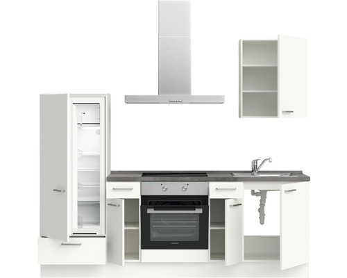 Küchenzeile mit Kühlschrank, Dunstabzugshaube, Spüle und Schrank