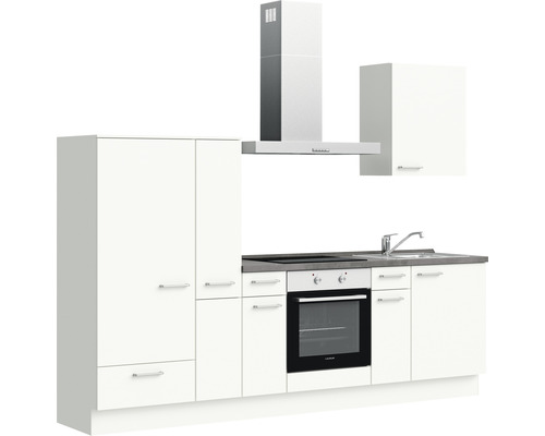 Küchenzeile mit Spüle, Herd, Backofen, Dunstabzugshaube und Schränken