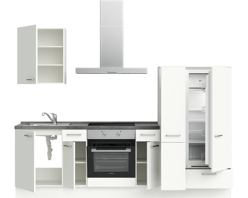 Küchenzeile mit Spüle, Herd, Backofen, Kühlschrank und Dunstabzugshaube