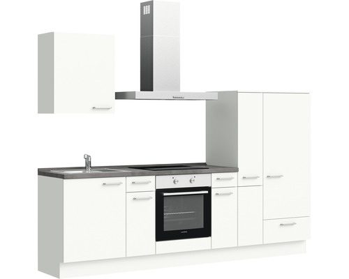 Küchenzeile mit Spüle, Kochfeld, Backofen, Dunstabzugshaube und Schränken