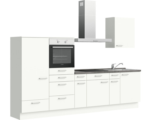 Küchenzeile mit Spüle, Dunstabzugshaube, Backofen und Schränken