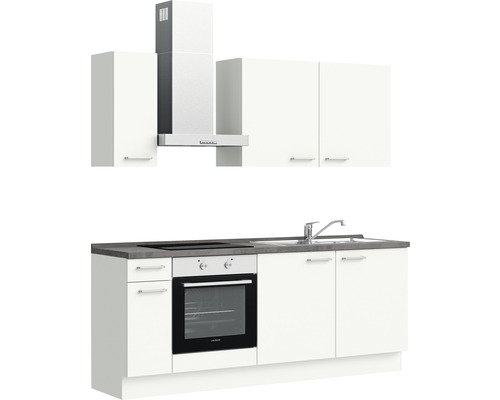 Küchenzeile mit Spüle, Herd, Backofen, Dunstabzugshaube und Hängeschränken