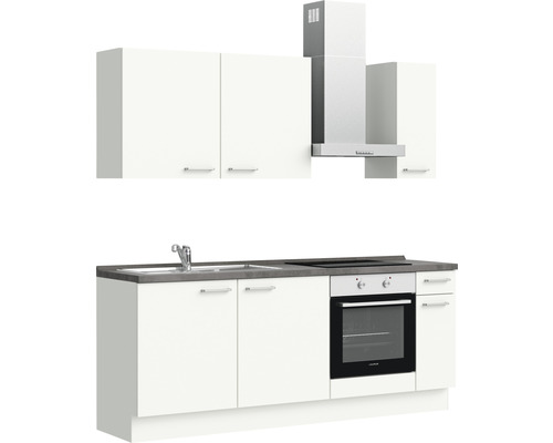 Küchenzeile mit Spüle, Herd, Backofen, Dunstabzugshaube und Hängeschränken