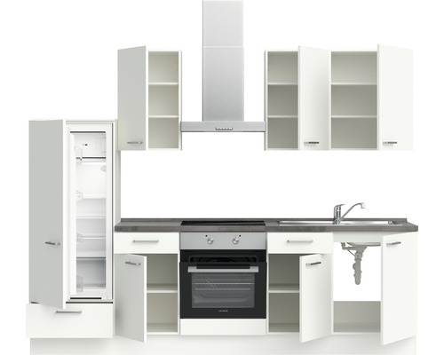 Küchenzeile mit Kühlschrank, Kochfeld, Dunstabzugshaube und Spüle