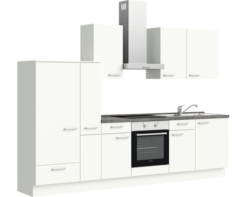 Komplette weiße Küchenzeile mit Spüle, Herd und Dunstabzugshaube