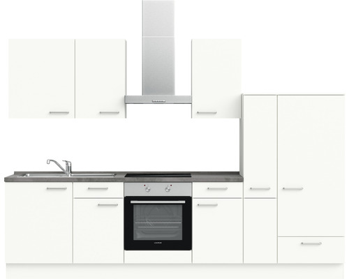 Komplette Küche mit Spüle, Herd, Dunstabzugshaube und Schränken