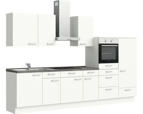 Komplette Küchenzeile mit Spüle, Herd, Dunstabzugshaube, Backofen und Schränken