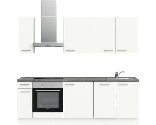 Küchenzeile mit Hängeschränken, Spüle, Dunstabzugshaube und Einbaubackofen