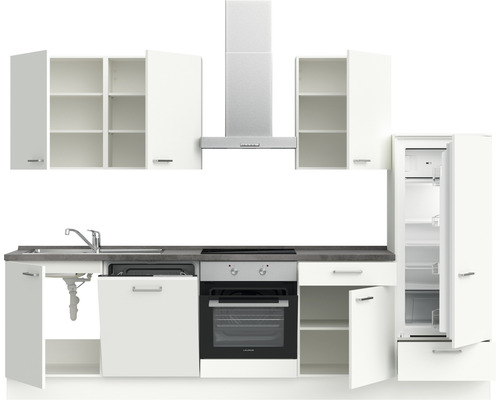 Küchenzeile mit Spüle, Herd, Backofen, Dunstabzugshaube und Kühlschrank