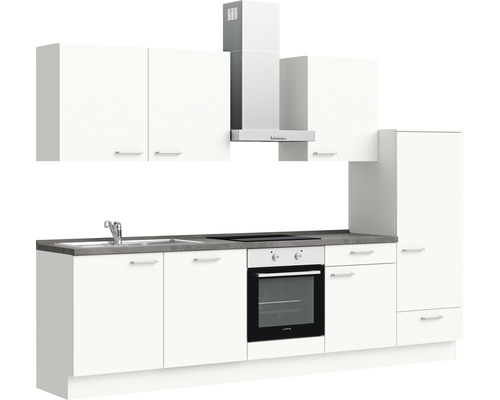 Weiße Küchenzeile mit Spüle, Herd, Backofen und Dunstabzugshaube