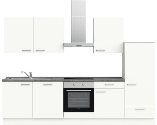 Komplette Küchenzeile mit Ober- und Unterschränken, Spüle, Herd und Dunstabzugshaube