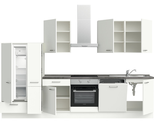 Komplette Einbauküche mit Hängeschränken, Dunstabzugshaube, Spüle, Herd und Kühlschrank