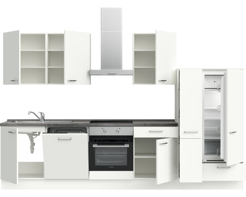 Komplette Küchenzeile mit Spüle, Backofen, Kochfeld, Dunstabzugshaube, Kühlschrank und Schränken