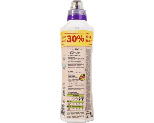 Blumendünger-Flasche mit Dosierungsanleitung und Produktinformationen für Zimmer-, Balkon- und Terrassenpflanzen