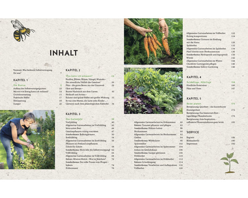 Buchseite mit Informationen zu Selbstversorgung, Gartenarbeit und Gemüseanbau