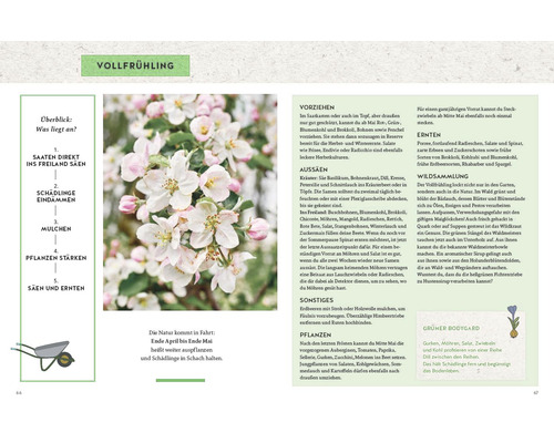 Eine geöffnete Buchseite zum Thema Gärtnern im Frühling, mit Texten, einer Liste zum Thema Gartenarbeit und einem Bild von blühenden Ästen.