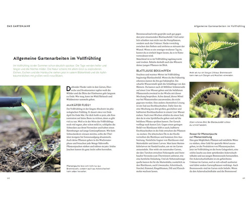 Doppelseite eines Gartenratgebers mit Tipps für die Gartenarbeit im Frühling, einschließlich der Bekämpfung von Blattläusen und der Herstellung von Pflanzenjauche