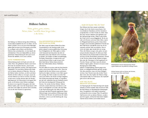 Doppelseite eines Buches oder einer Zeitschrift über Hühnerhaltung mit Text und Fotos
