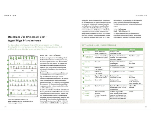 Beetplan für ein Immersatt-Beet mit lagerfähigen Pflanzenkulturen für Vorfrühling und Frühsommer.