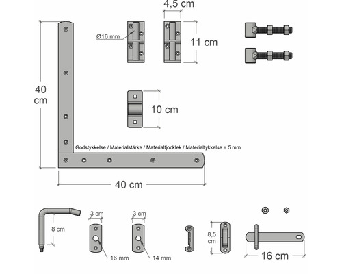 Technische Zeichnung von einem Torband Set mit Maßangaben
