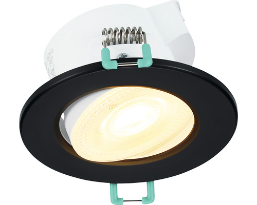 Einbaustrahler mit runder, schwarzer Fassung und Licht