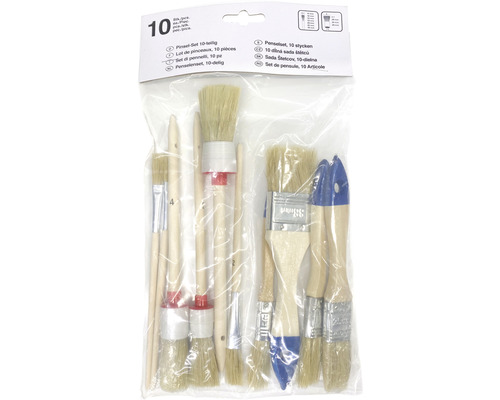 10-piece paint brush set in plastic packaging