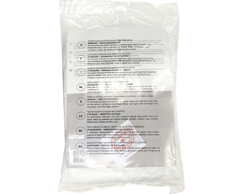 Plastikbeutel mit mehrsprachigen Warnhinweisen