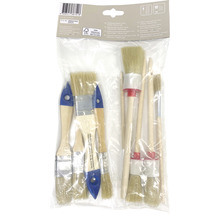 Pinselset mit verschiedenen Pinseln und Holzgriffen in einer transparenten Verpackung