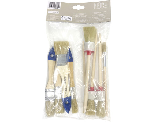 Pinselset mit verschiedenen Pinseln und Holzgriffen in einer transparenten Verpackung