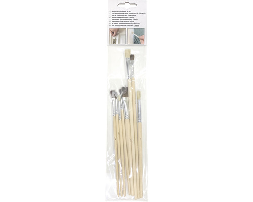 Reparaturpinsel Set mit acht Teilen in transparenter Verpackung.