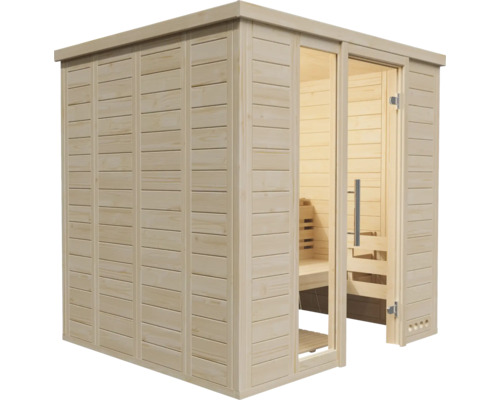 Sauna mit Glastür und Holzwänden