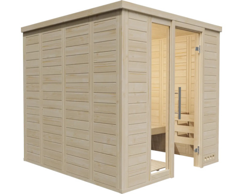 Sauna aus Holz mit Glastür