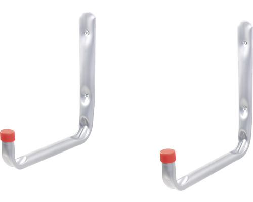 Zwei Gerätehalter aus Metall mit Schraubenlöchern und roter Kappe