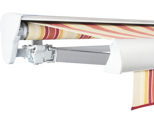 SOLUNA Halbkassettenmarkise Classic 4,5x3 Stoff Dessin 8430 Gestell E6EV1 silber eloxiert Antrieb links inkl. Motor und Wandschalter Detailansicht einer Gelenkarmmarkise mit gestreiftem Markisentuch